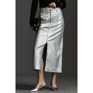 Anthropology- Pilcro Metallic Silver Midi Skirt with Front Slit